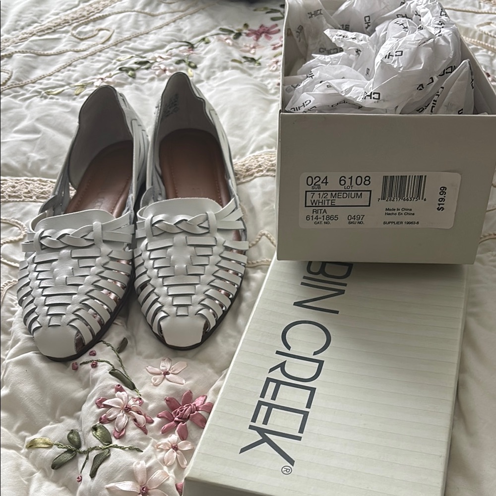 Cabin Creek White Woven Leather Flats